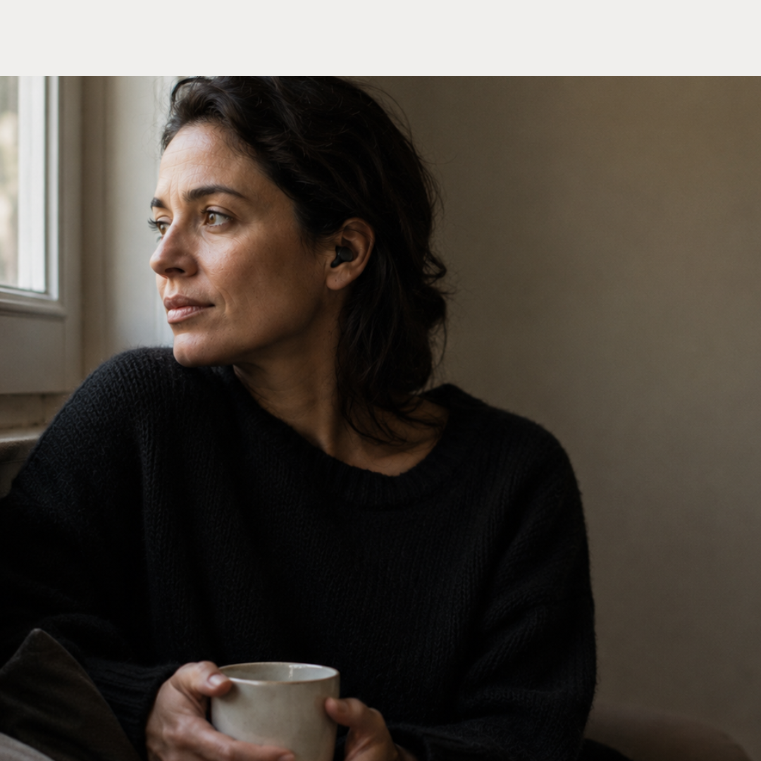 Woman wearing Nuli earbuds, barely visible